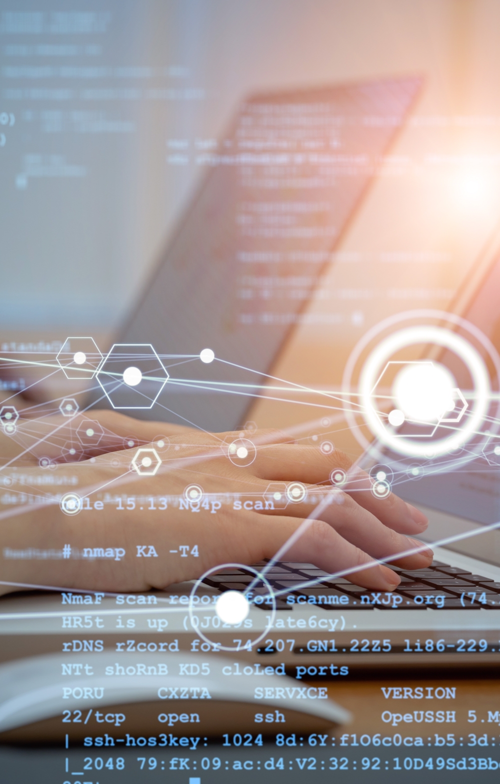 laptop and hands on keyboard in a virtual decor