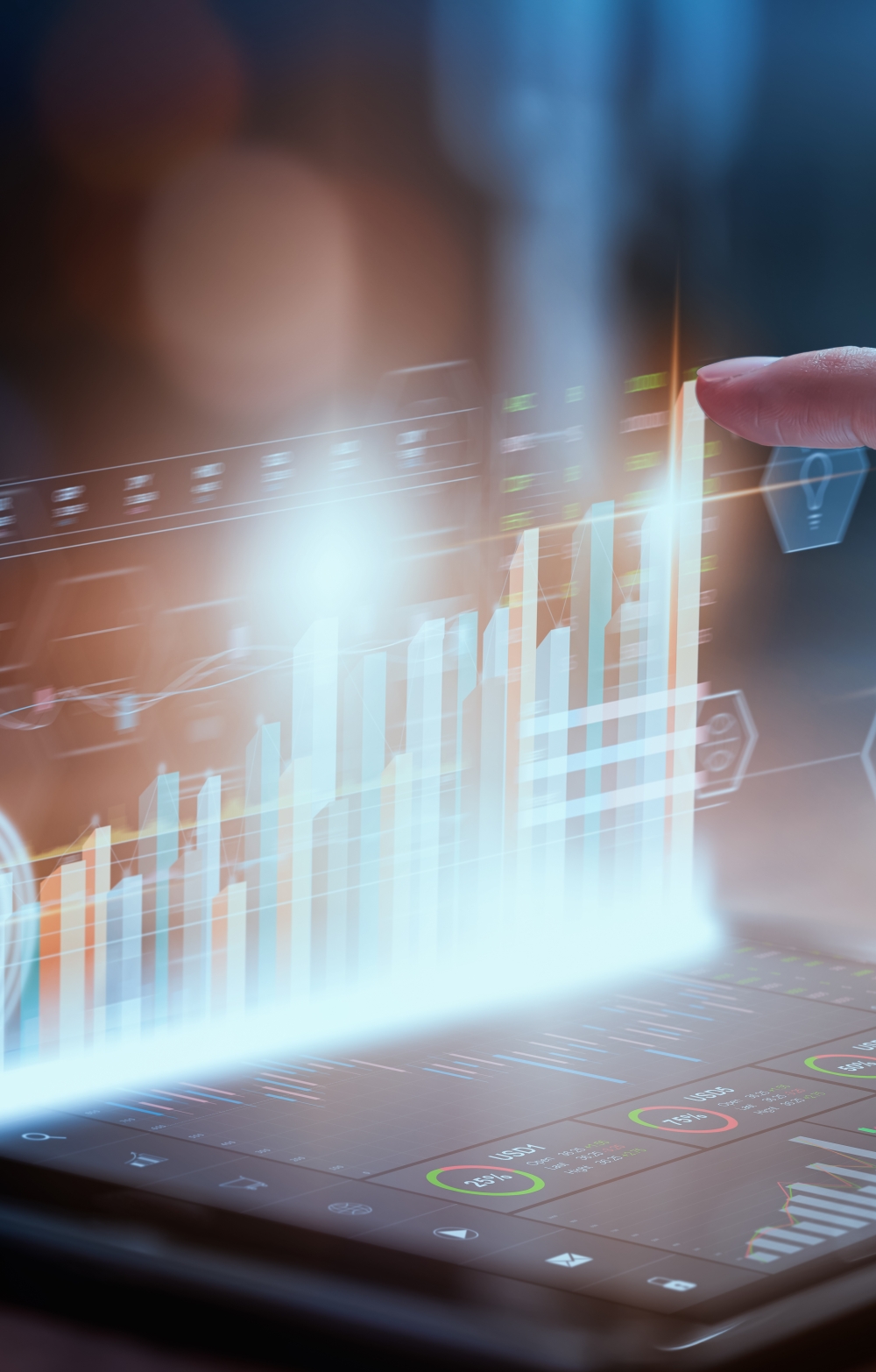 Stock exchange market concept, businesswoman hand trader press digital tablet with graphs analysis candle line on table in office, diagrams on screen.