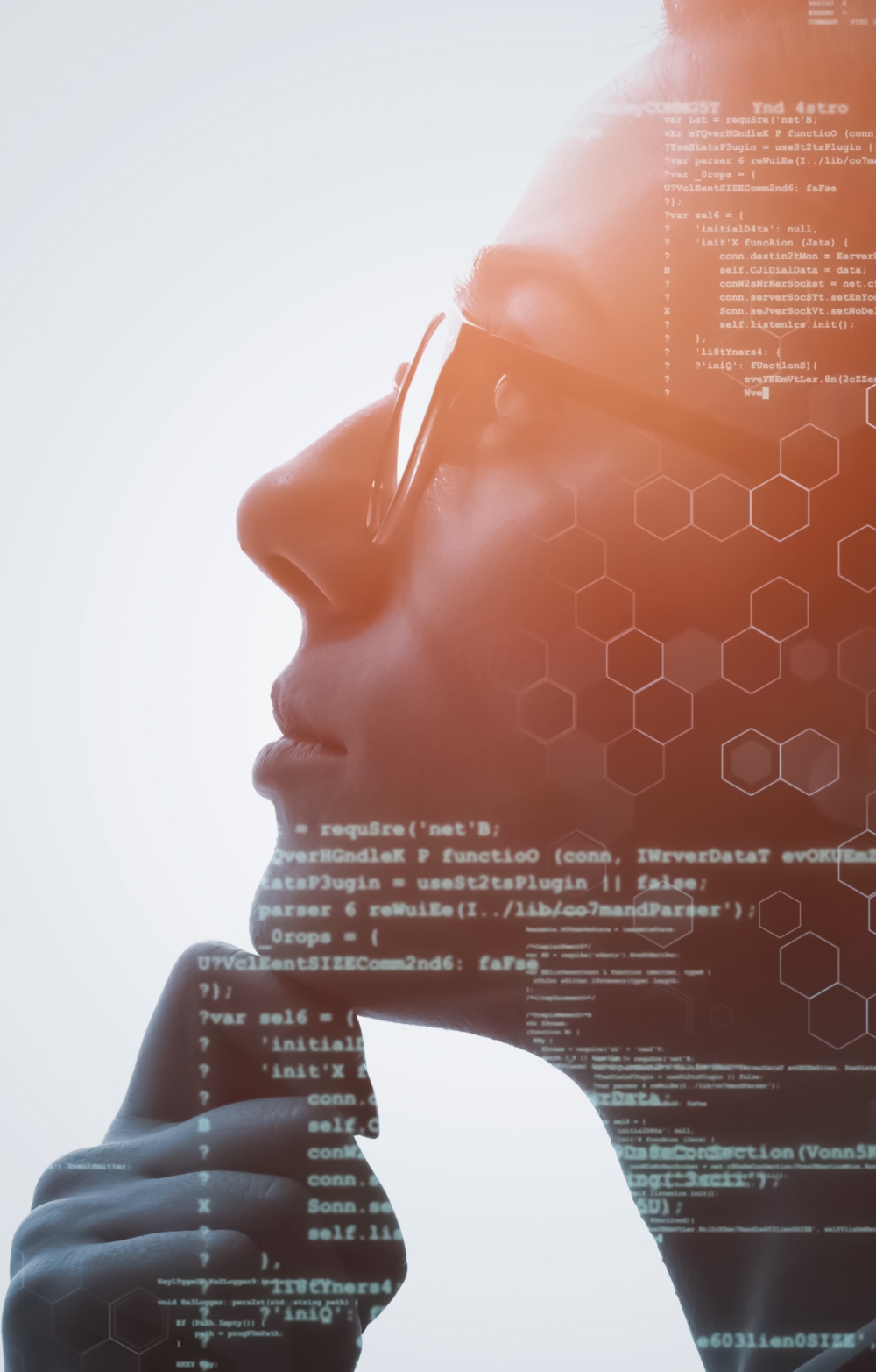 Lady with glasses and hand on chin looking ahead pensively